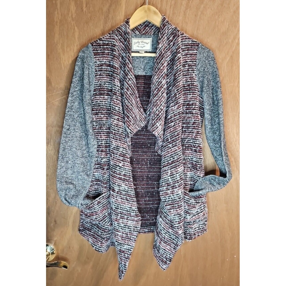 Lucky Brand Cardigan Size W/Sm Sweater Gray Red Open Front Cardigan Western *EUC